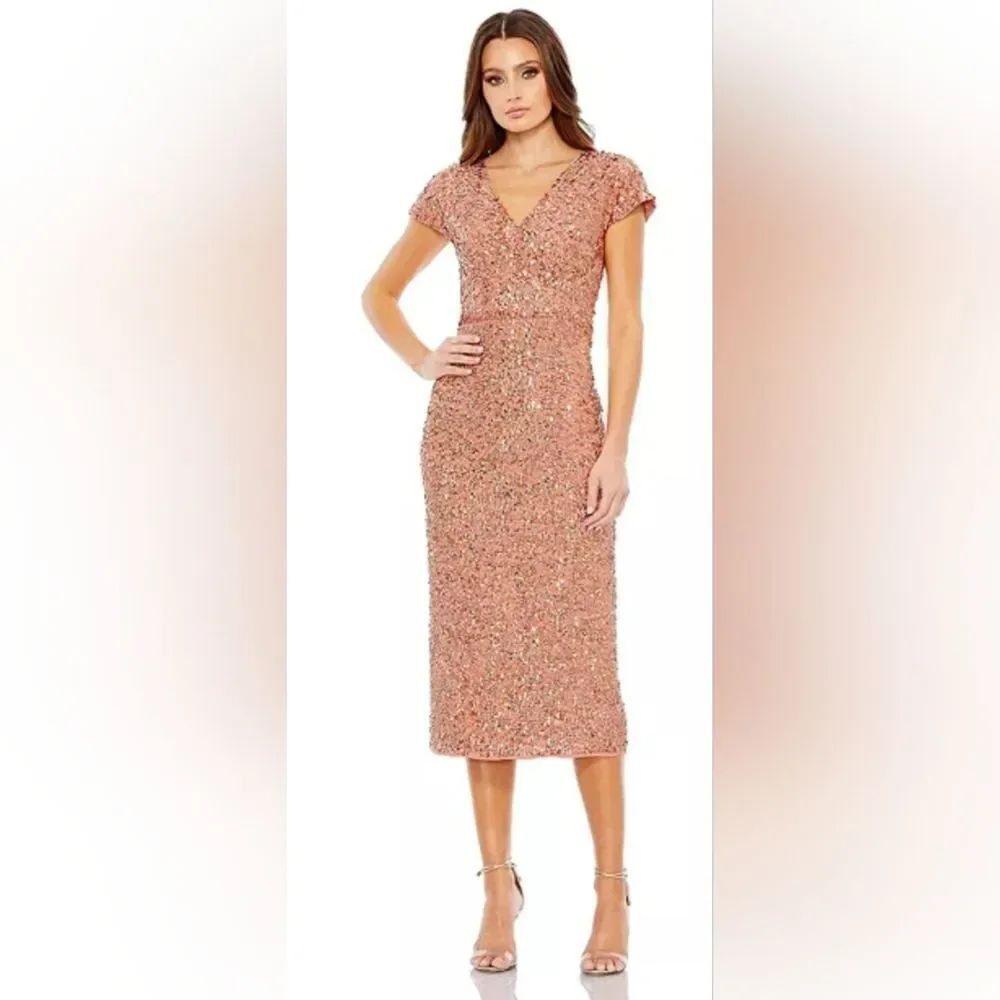 Mac Duggal 10766 Sequined Cap Sleeve Wrap Cocktail Midi Dress NWT Sz 4 Copper